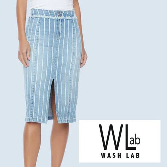 🎩🗝️ NWT $128 Wash Lab Denim SALLY Classic Strips Midi Skirt - 24” - Picture 1 of 8